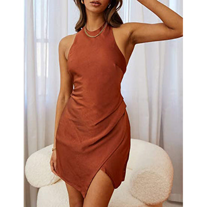 Clothing Satin Halter Backless Slit Mini Dress Gown
