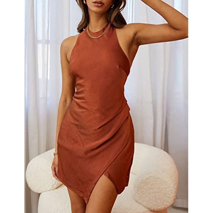 Clothing Satin Halter Backless Slit Mini Dress Gown
