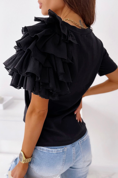 Patchwork Flounce O Neck T-shirts(4 Colors)