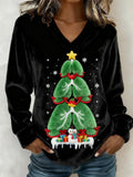 Comstylish Lung Christmas Tree Embroidered V Neck Cozy Plush Sweatshirt