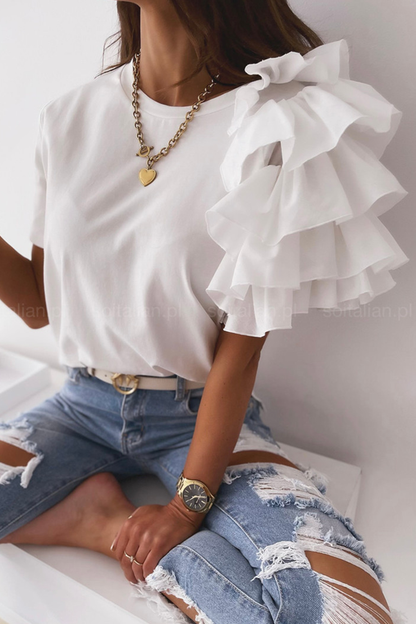 Patchwork Flounce O Neck T-shirts(4 Colors)