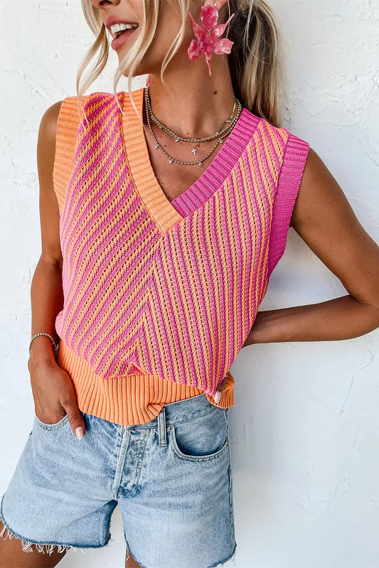Chevron Pink Knit V Neck Sweater Vest
