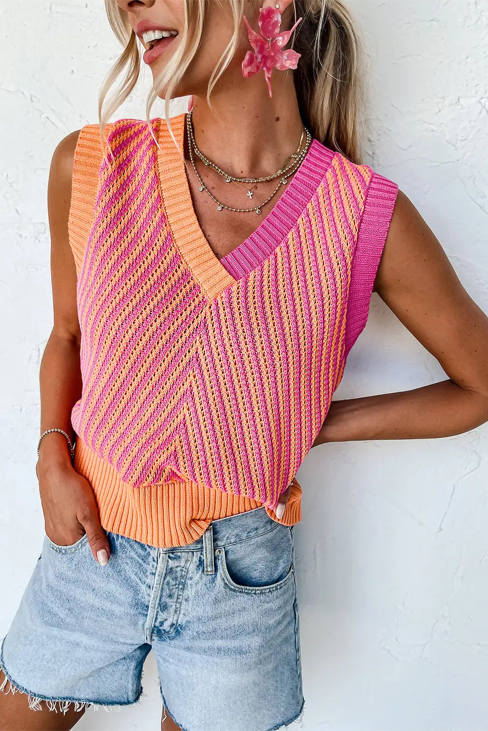 Chevron Pink Knit V Neck Sweater Vest
