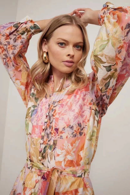 Pleat Single Breasted Lantern Sleeve Mini Dress With Belt