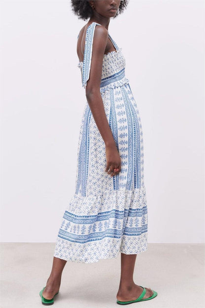 Lace Up Smocking Frill Midi Dress