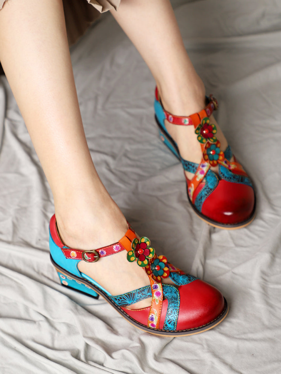 Soffia | Genuine Leather Cut Out T-strap Dora Sandals Oxford Shoes