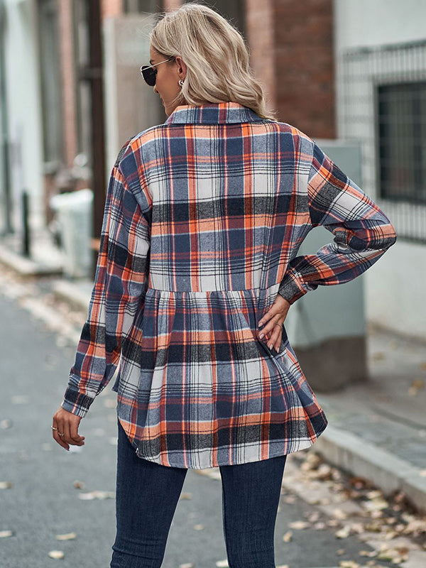 Loose Checkered Lapel Blouses&shirts Tops