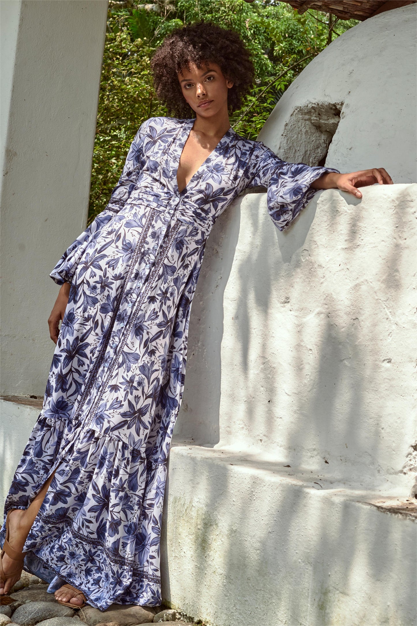 Single Breasted Lantern Sleeve Midi Dress