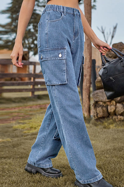 Street Pocket Mid Waist Loose Denim Jeans
