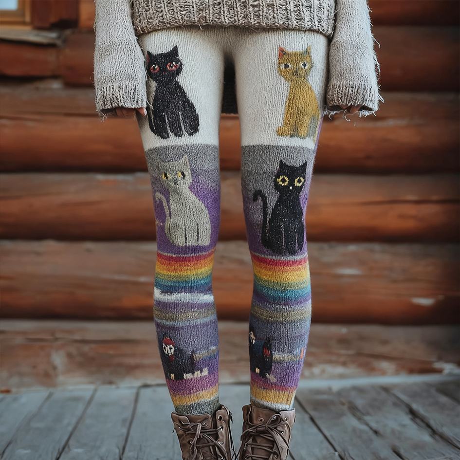 Christmas Fun Cat Knitting Tight-fitting Leggings artswardrobe