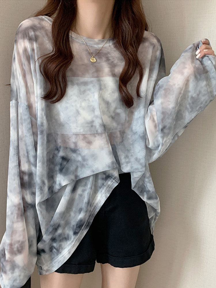 Tie Dye Long Sleeve T-shirts Breathable Summer O-neck Design Mesh Sun-proof Loose Tshirts Korean Style All-match Tops