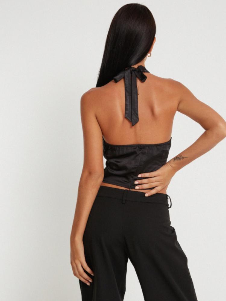 Kay Lace Trim Halter Satin Top