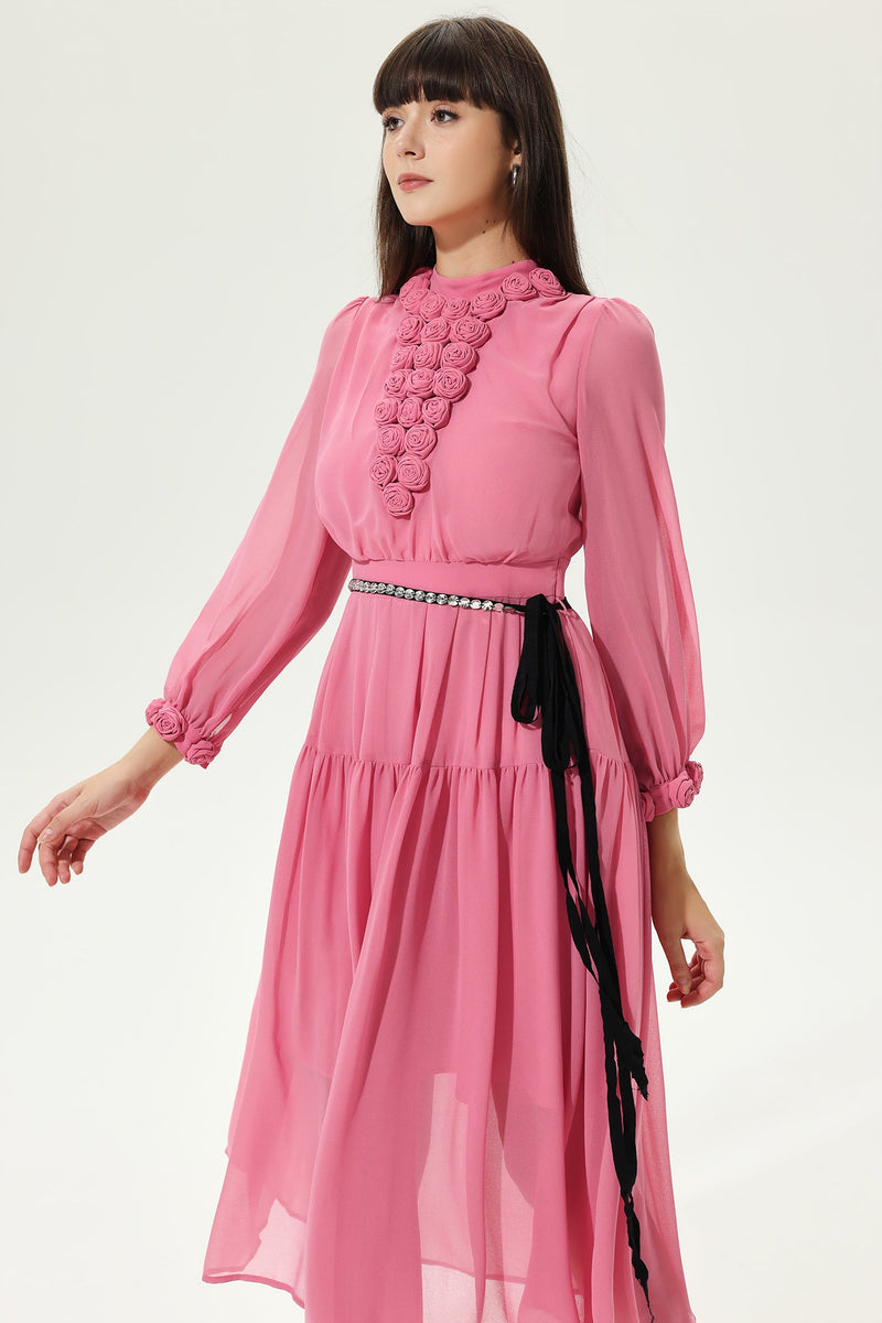 Lantern Sleeve Crew Collar Three-dimensional Flower Tapered Waist Midi Dress Pink