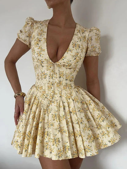 Tossy Flower Print Deep V Neck Folds Mini Dress for Patchwork French Sweet Short Sleeve Female Party Short Princess Dress