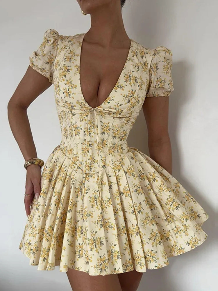 Tossy Flower Print Deep V Neck Folds Mini Dress for Patchwork French Sweet Short Sleeve Female Party Short Princess Dress