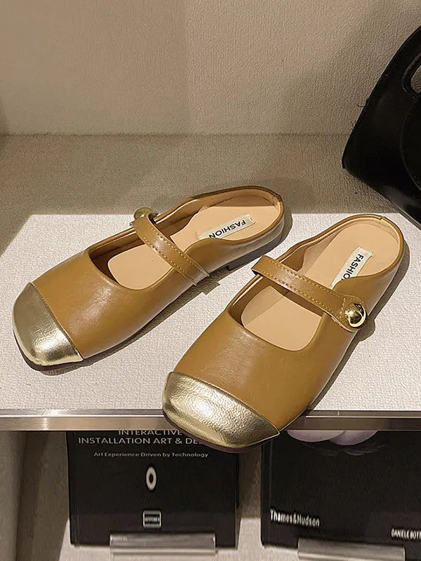 Contrast Color Shallow Cut Split-joint Square-toe Flats Mary Janes Slippers&mules