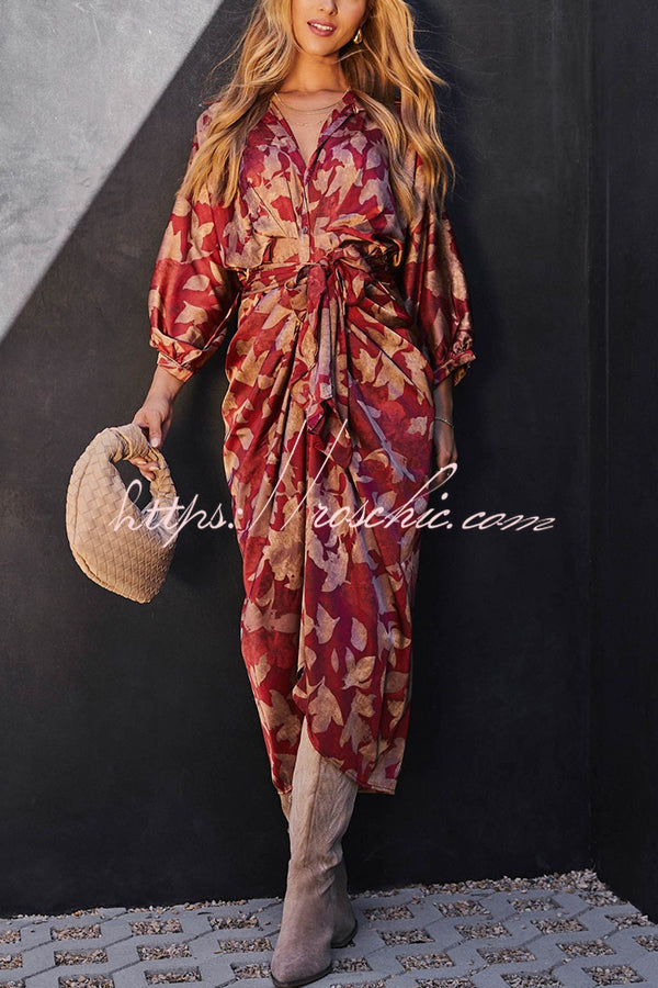 And Charming Satin Adjustable Waist Tie Button Draped Shirt Midi Dress