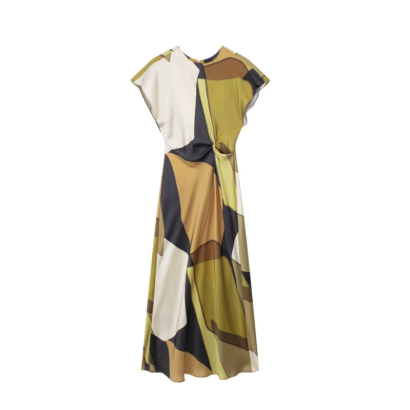 Spring Silk Satin Texture Printed Midi Dress