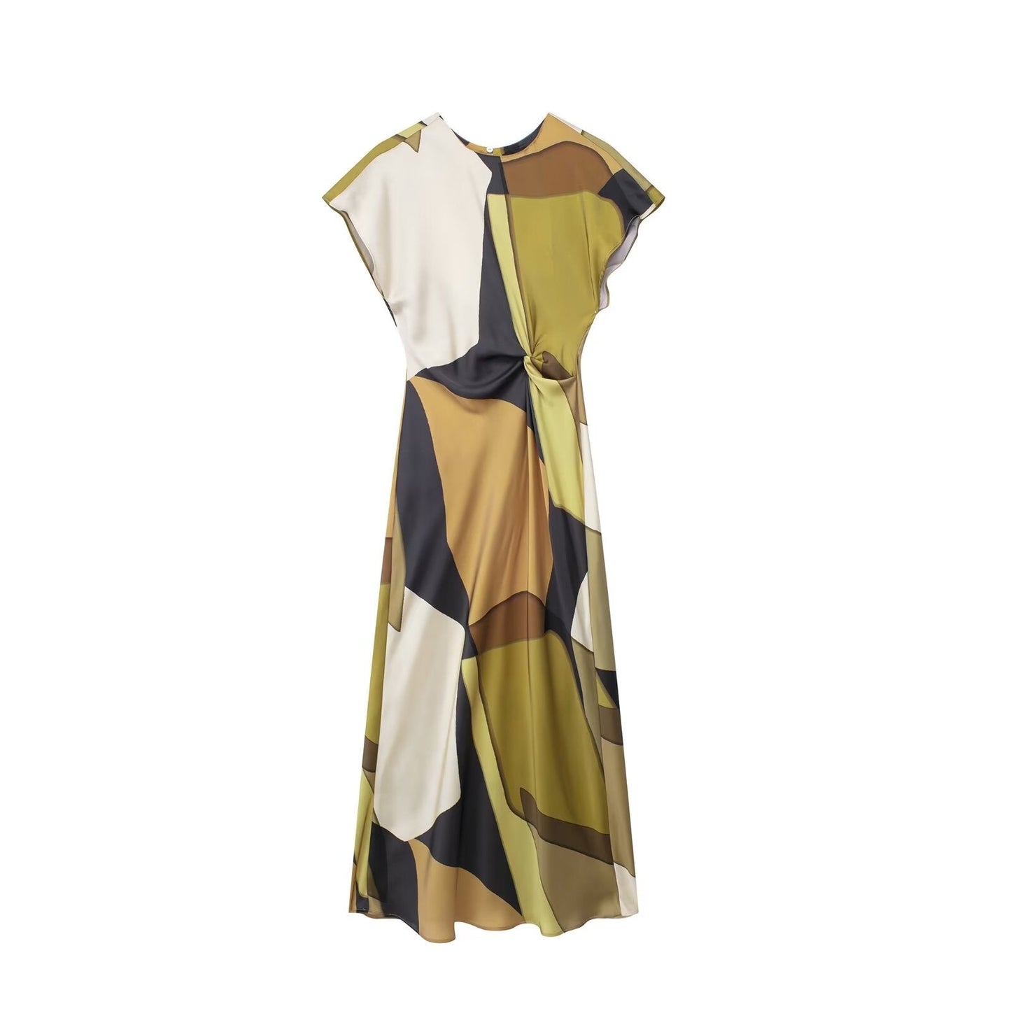 Spring Silk Satin Texture Printed Midi Dress