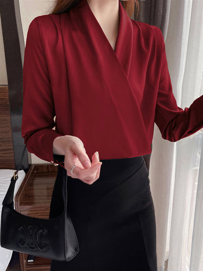 Long Sleeves Loose Buttoned Color V-neck Blouses&shirts Tops