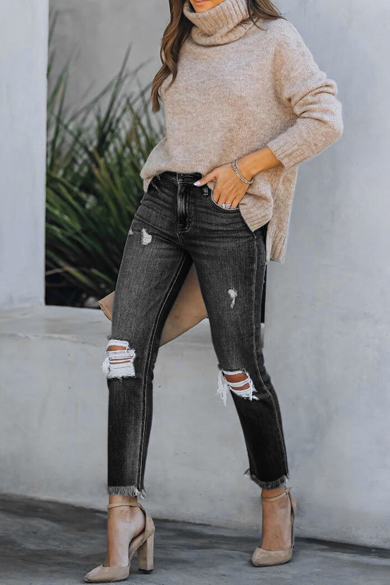 Ripped Mid Waist Skinny Denim Jeans