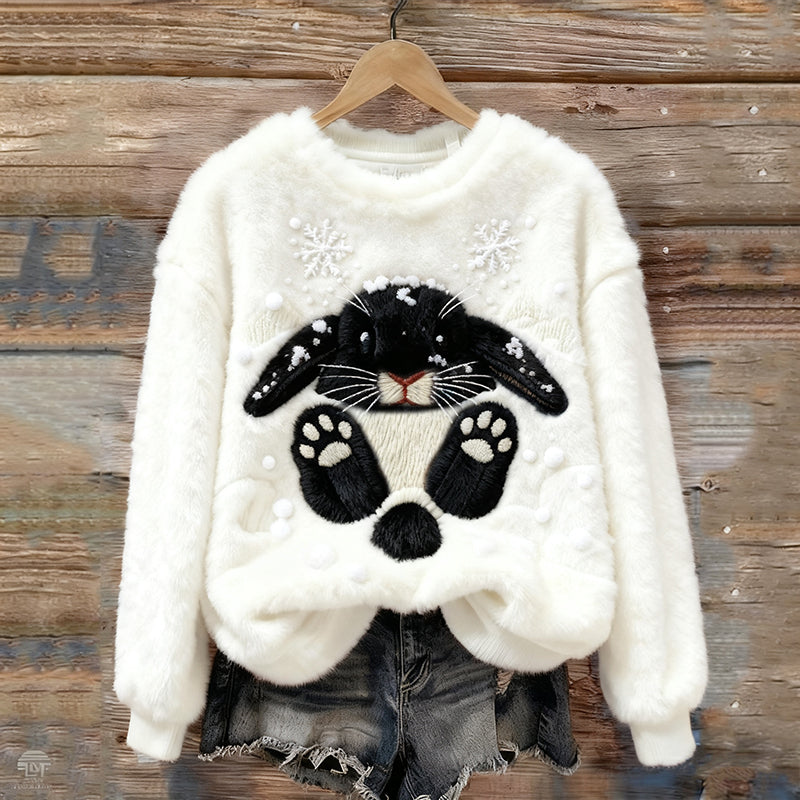 Lovely Bunny & Snow Embroidered Cozy Plush Sweatshirt artswardrobe