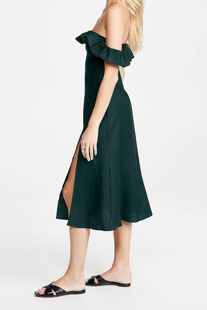 Ruffle Hem Square Collar Slit Midi Dress Green