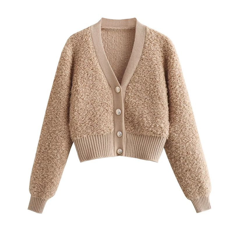 Fall Clothing Teddy Needle Fur Feeling V Neck Knitted Cardigan Coat
