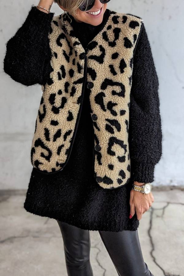 Leopard Print Front Opening Autumn and Winter Vest Jacket