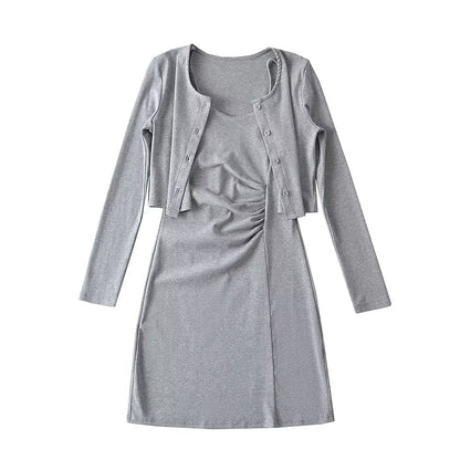 Pure Suit Autumn Winter Short Slim Long Sleeve Cardigan Inner Wear Pleated Cami Dress