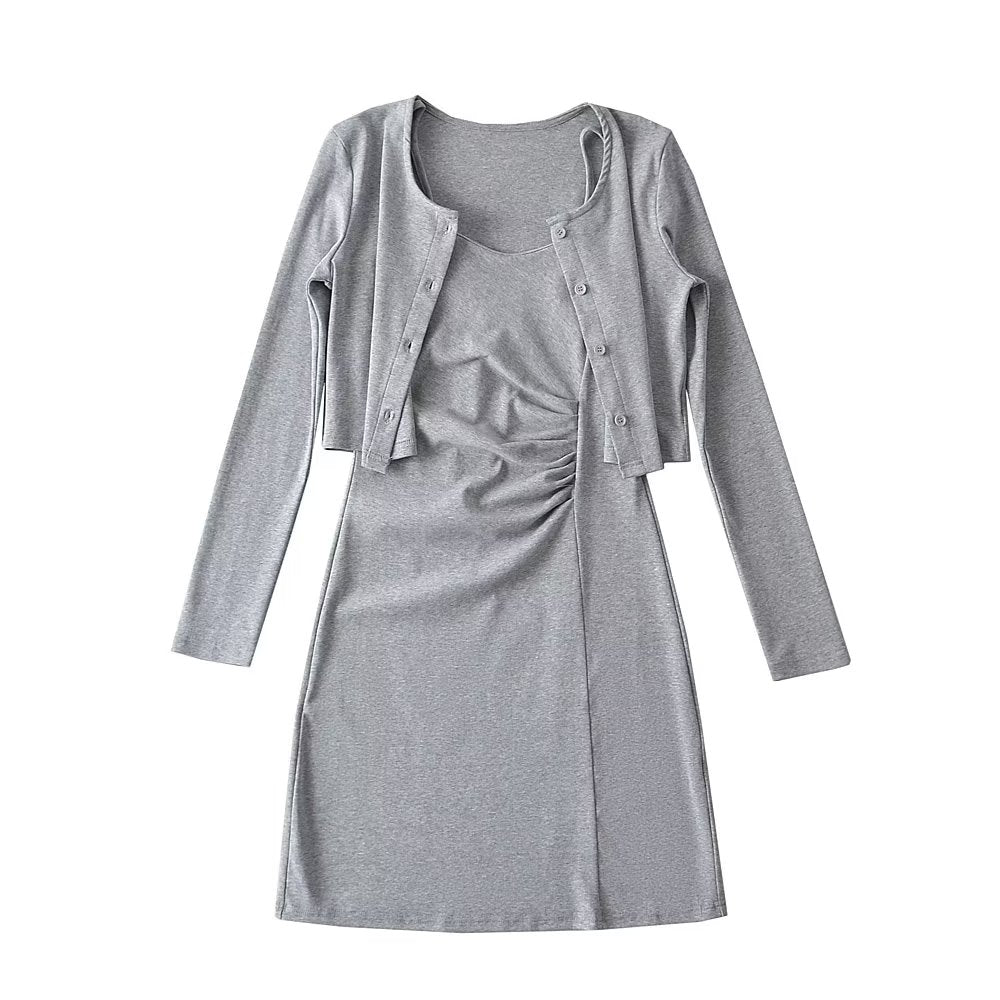 Pure Suit Autumn Winter Short Slim Long Sleeve Cardigan Inner Wear Pleated Cami Dress