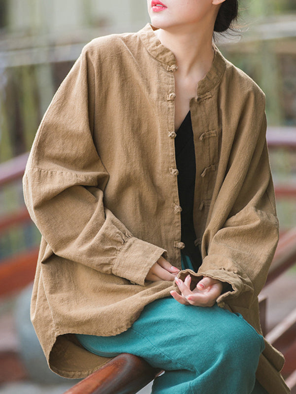 Batwing Sleeves Loose Chinese Frog Buttons Pleated Color Split-joint Stand Collar Blouses