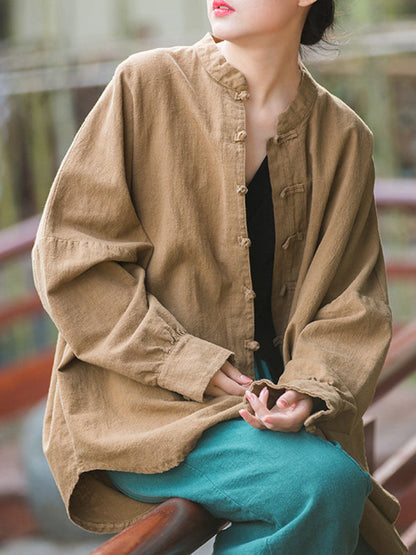 Batwing Sleeves Loose Chinese Frog Buttons Pleated Color Split-joint Stand Collar Blouses