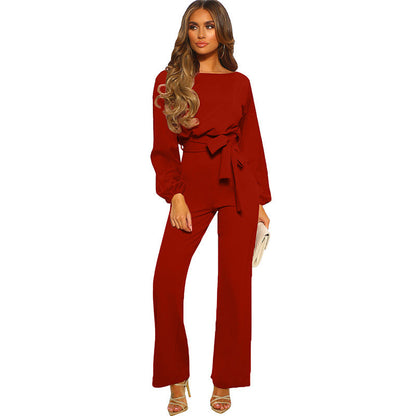 Spring Autumn Color Jumpsuit Pullover Long Sleeve Waist Wide Leg Pants