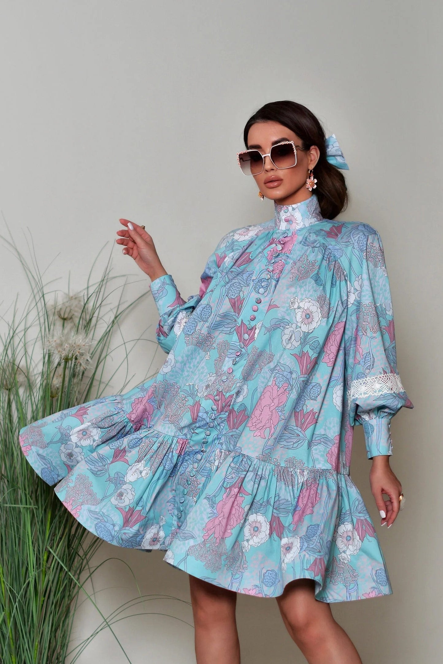 Puff Sleeve High Collar Tapered Waist Mini Dress