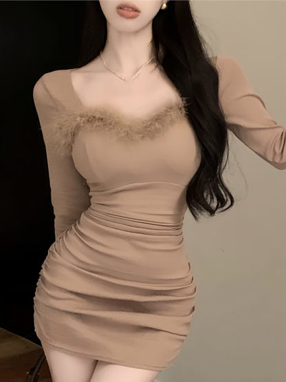 Mini Dress Long Sleeve Faur Fur Patchwork Square Collar Wrap Hip Autumn Spring Korean Style Y2k Slim Vestisos