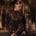 Comstylish Vintage Halloween Spider Silk And Red Rose Black Round Neck Hoodie