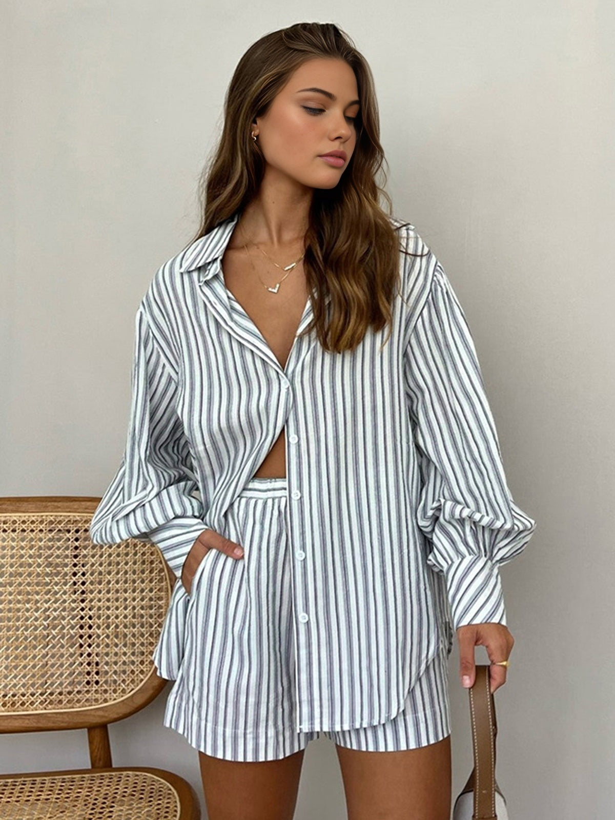 Oversized Striped Pockets Shorts Set