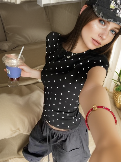 Basic Polka Dot Printed Crop Top Short Sleeve Skinny T-shirt Summer Tee for Y2k Top Harajuku