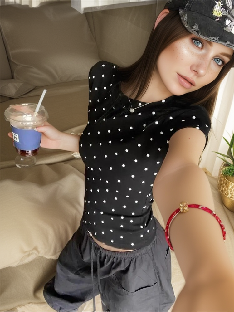 Basic Polka Dot Printed Crop Top Short Sleeve Skinny T-shirt Summer Tee for Y2k Top Harajuku