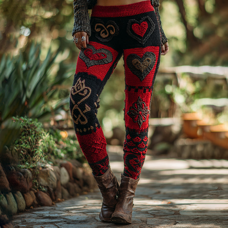 Women's Vintage Heart Patchwork Art Comfortable Leggings elevenforest