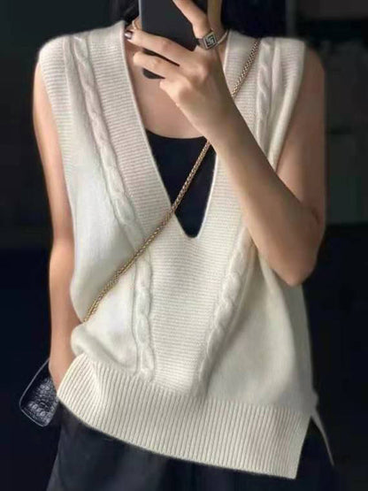 Loose Knitting Sleeveless Color V-neck Vest Top
