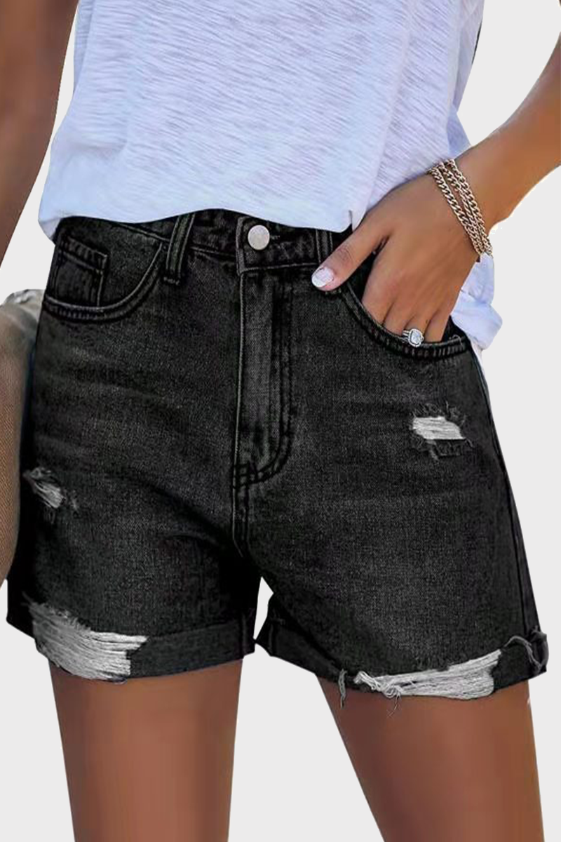 Street Ripped Make Old Mid Waist Straight Denim Shorts(3 Colors)