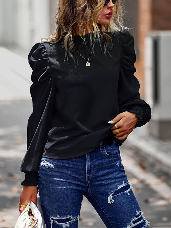 Long Sleeves Puff Sleeves Pleated Color Half Turtleneck Blouses&shirts Tops