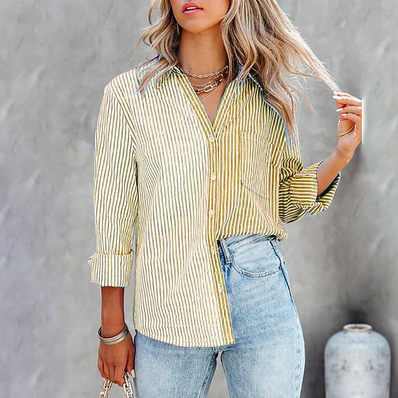 Autumn Winter New Striped Printing Color Contrast Long Sleeved Cardigan Single Breasted Shirt