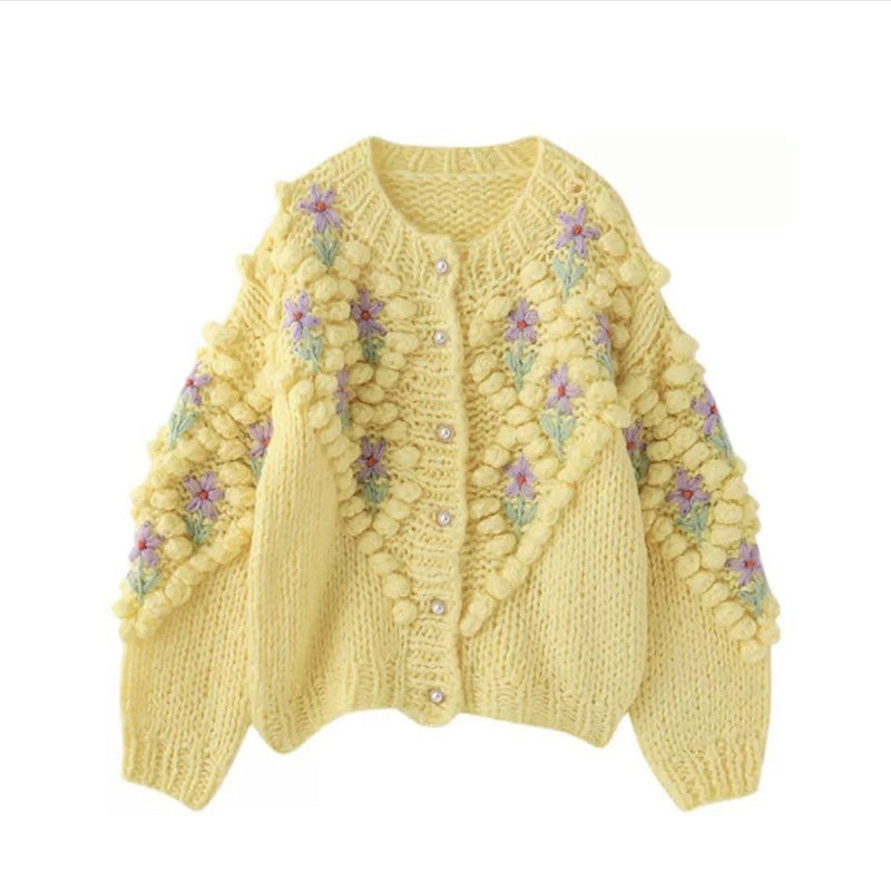 Women's Vintage Bohemian Floral Embroidery Art Aran Sweater Cardigan artswardrobe