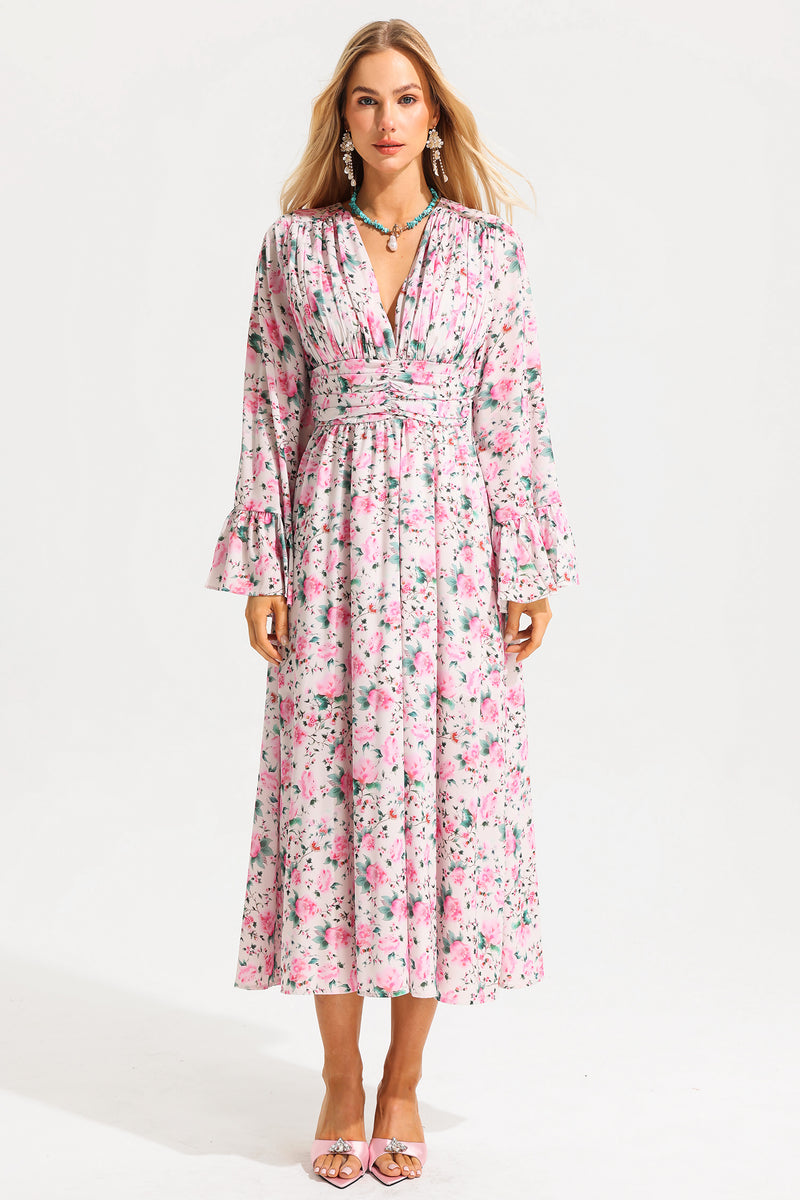 V-neck Ball Sleeve Midi Dress