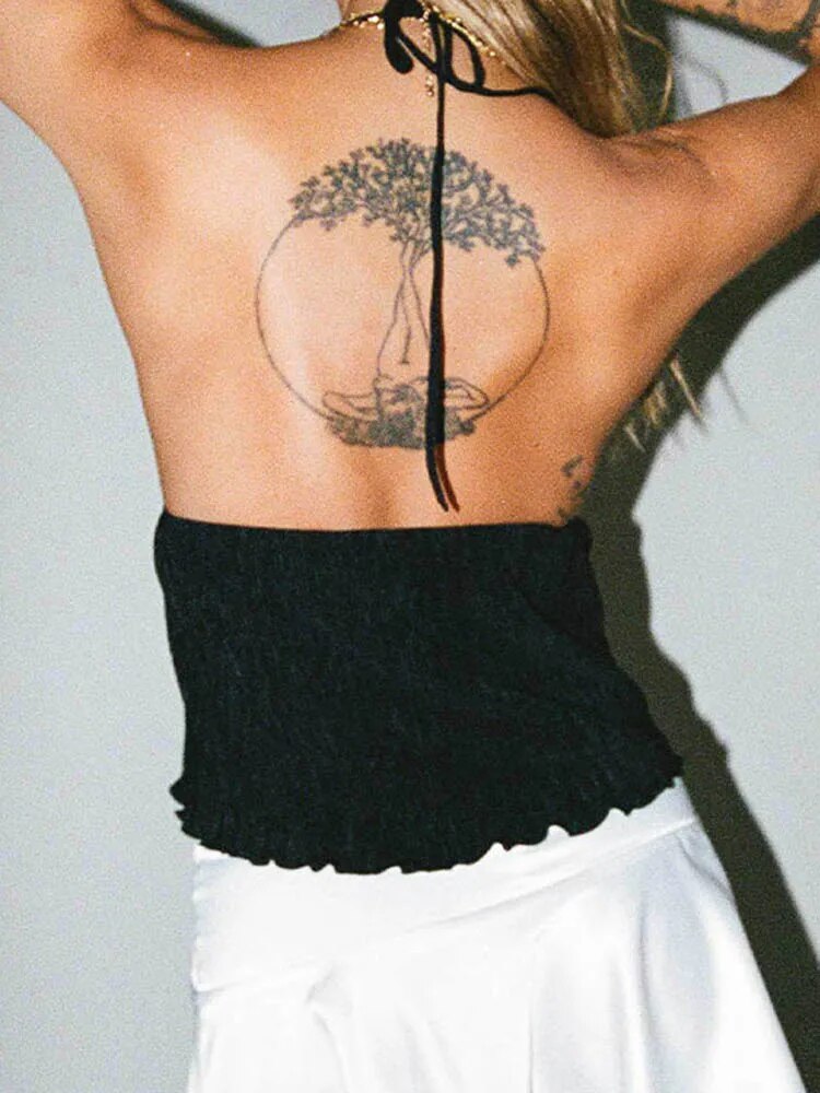 Halterneck Crop Tops Summer Color Bandage Open Front Backless Sleeveless Green Tops Y2k