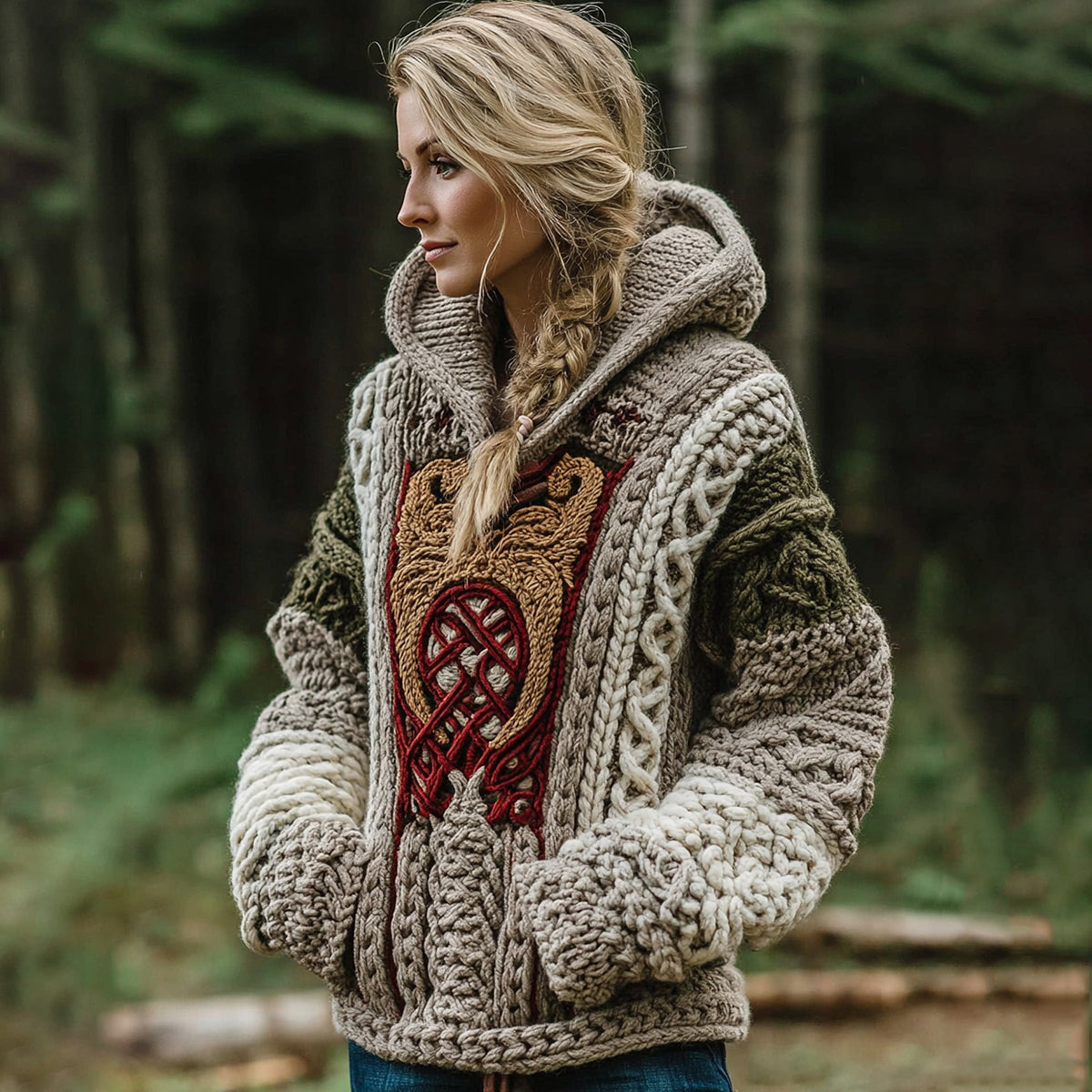 Women's Celtic Knot Irish Jacquard Contrast Print Knit Hoodie elevenforest