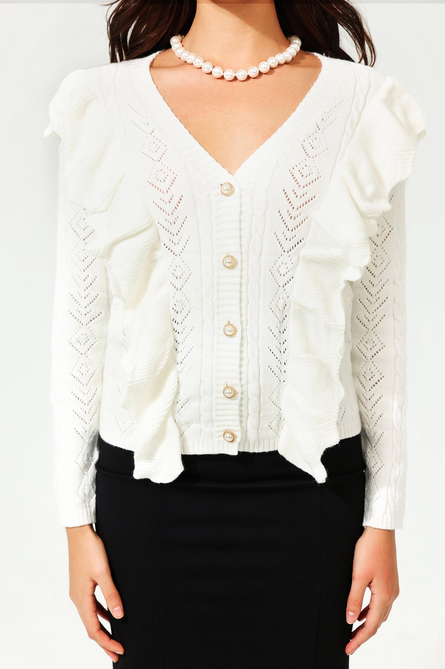 Long Sleeve V-neck Ruffled Button Cardigan White